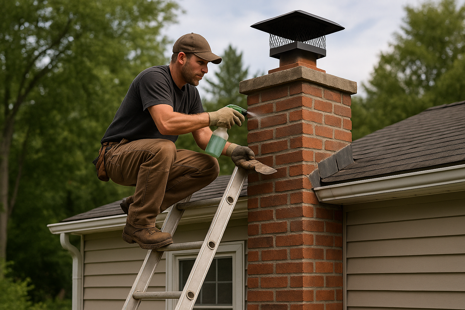 Chimney sweep working safely
